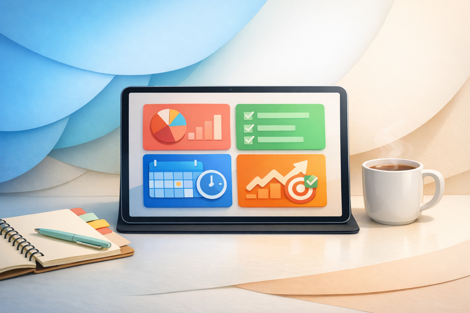 Colorful budgeting and planning workspace visual