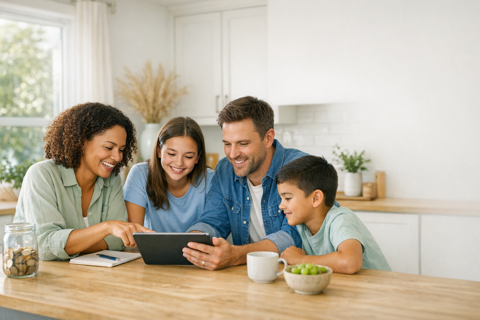 Family reviewing a household dashboard